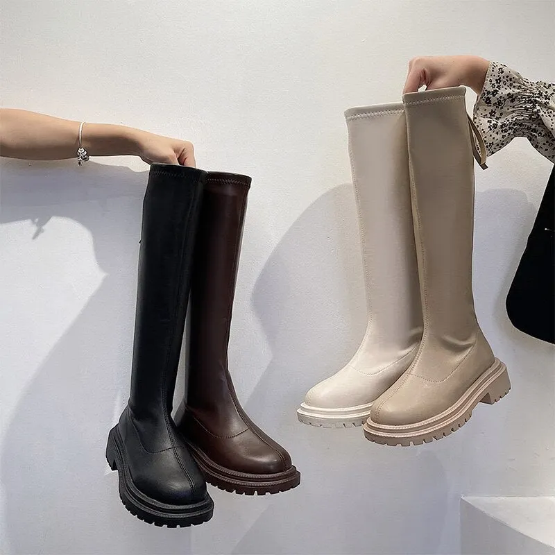 Soft PU Leather Long Boots For Women Slip On Mid Calf Boots Platform Ankle Boots Ladies Shoes Woman 2021 Autumn Winter Footwear