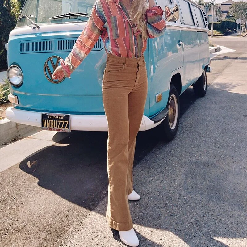 HEYounGIRL Autumn Khaki Brwon Corduroy Flared Pants Women Vintage High Waisted Long Trousers Fashion Streetwear Joggers 2021