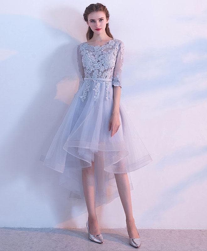 Gray Lace Tulle High Low Prom Dress, Gray Evening Dress