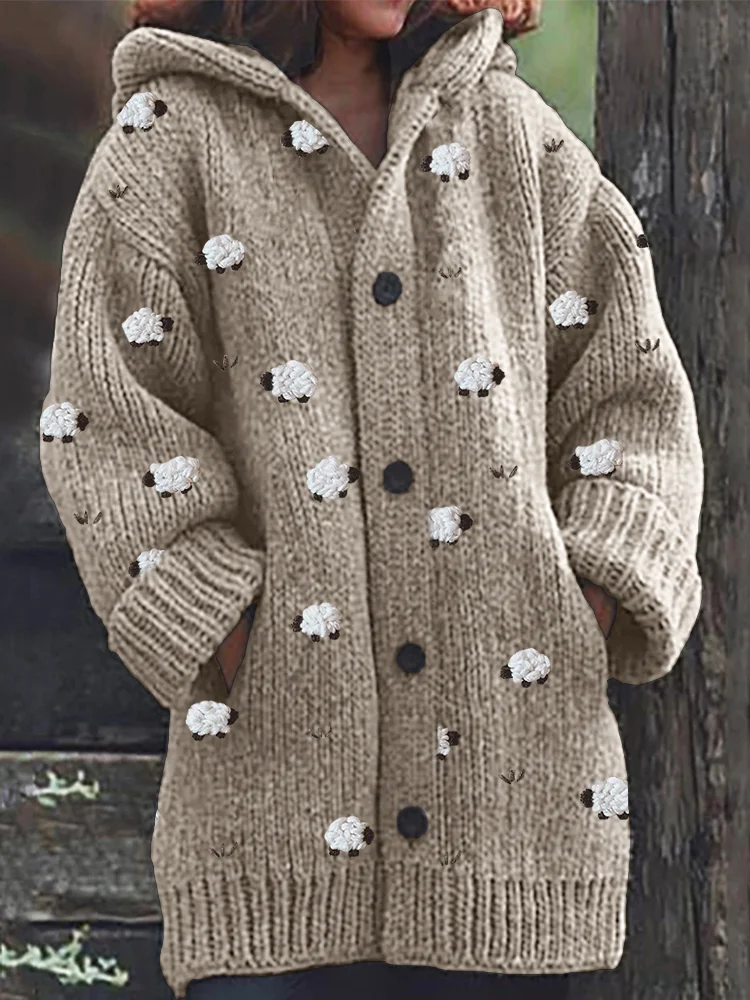 VChics Farm Sheep Embroidery Pattern Cozy Hooded Cardigan