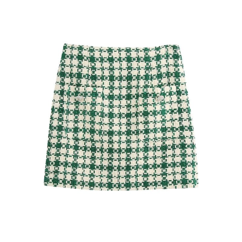 TRAF Women Fashion With Pockets Tweed Mini Skirt Vintage High Waist Back Zipper Female Skirts Mujer