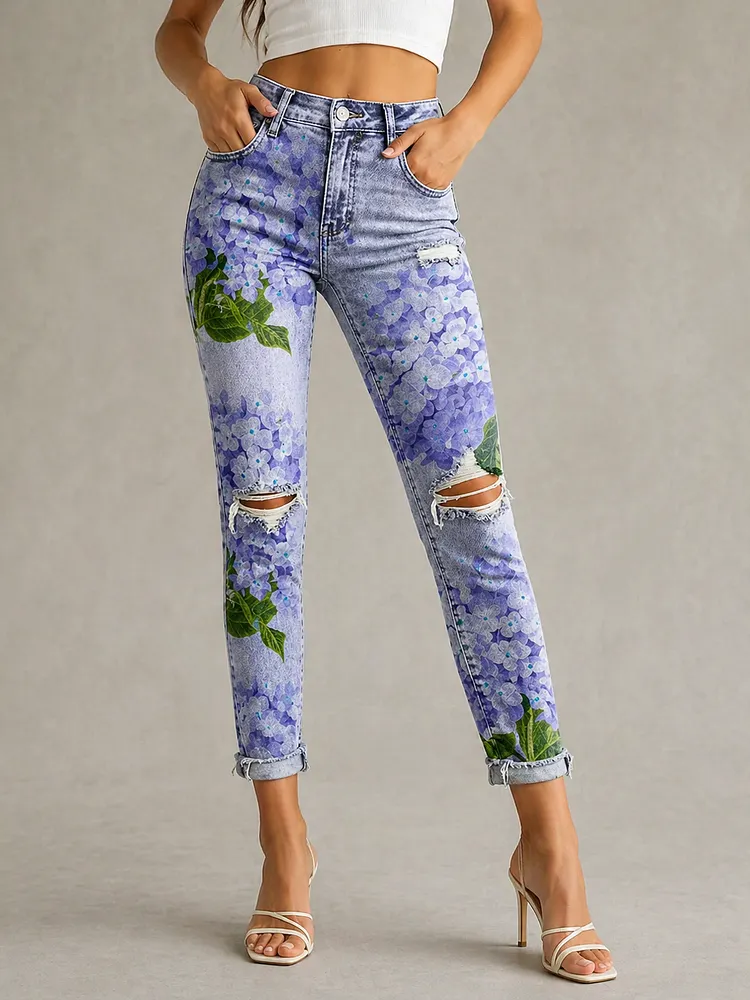 Women's Fashion Purple Hydrangea Art-print Casual High-waisted Ripped Skinny Jeans
