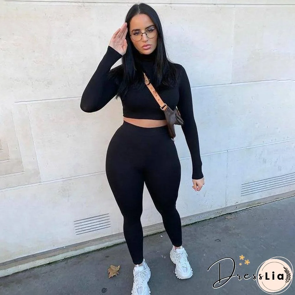 Winter Women Sport Fitness 2 Two Piece Set Outfits Long Sleeve Crop Tops Tshirt Leggings Pants Set Bodycon Tracksuit