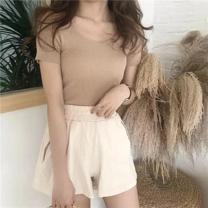 Hirsionsan Knitted V Neck T Shirt Women 2020 New Korean Sexy T Shirt Vintage Skinny Female Tees 12 Colors Soft Solid Short Tops