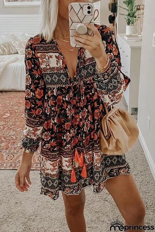 Floral Print Tassels Lace Up Long Sleeve Mini Dress