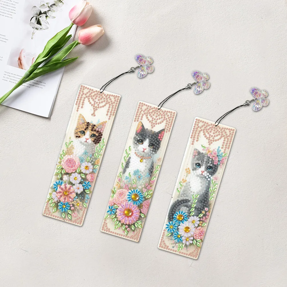 3Pcs Flower Cat DIY Special Shape Diamond Painting Bookmark for Book Lovers