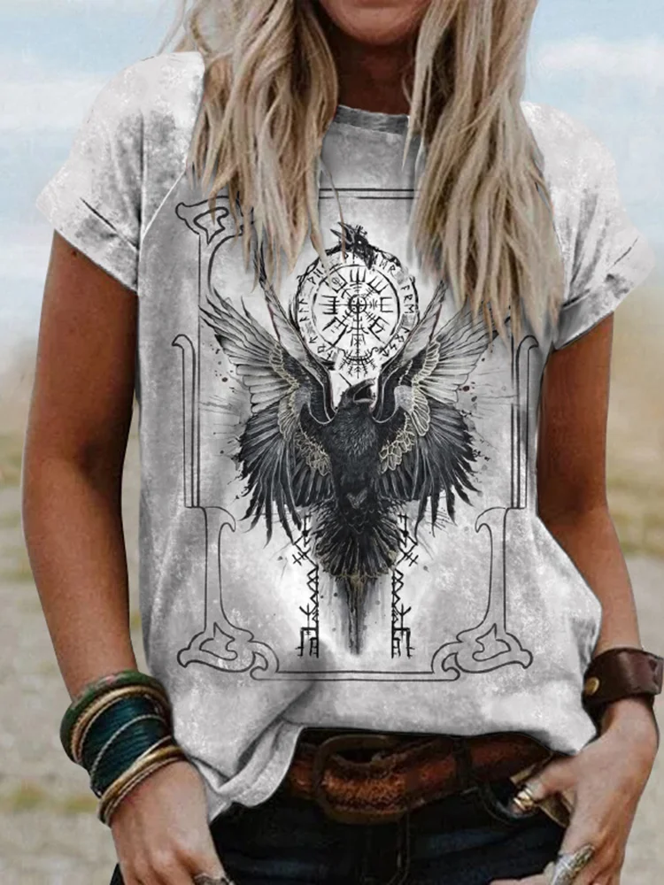 Vintage Tribal Viking Totem Print Crew Neck T-Shirt