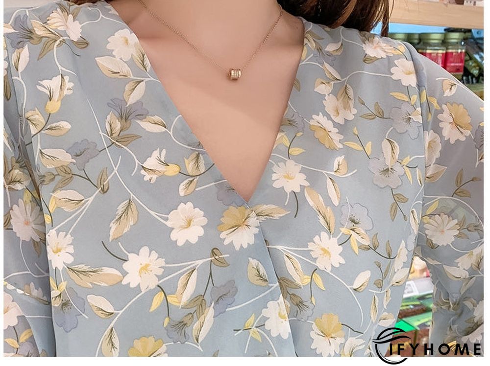 Spring Summer Chiffon Women V-Neck Floral Print Short Dresses Sweet Ruffle Sleeeve Slim Drawstring Ladies Dress | IFYHOME