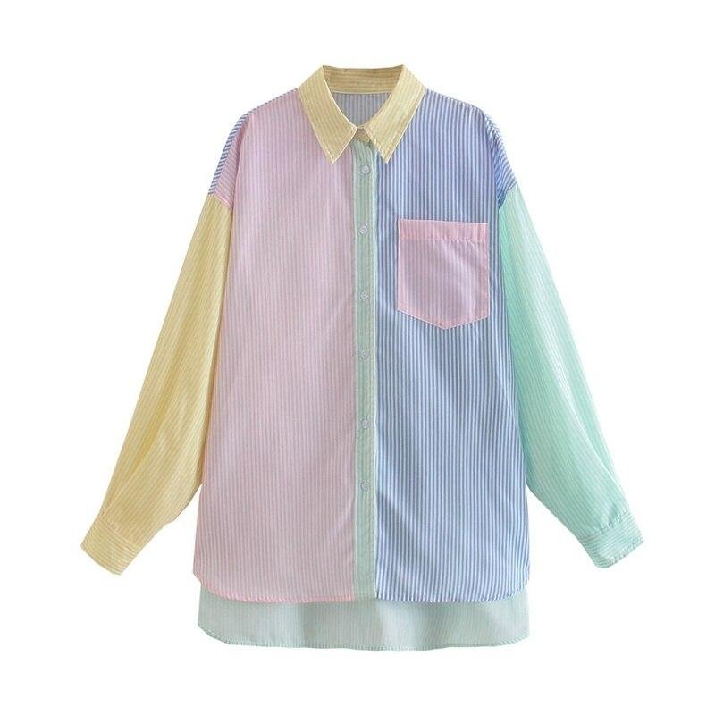 PUWD Casual Woman Loose Stripe Patchwork Shirt 2021 Spring Fashion Ladies Oversized Shirts Female Sweet Colorful Tops