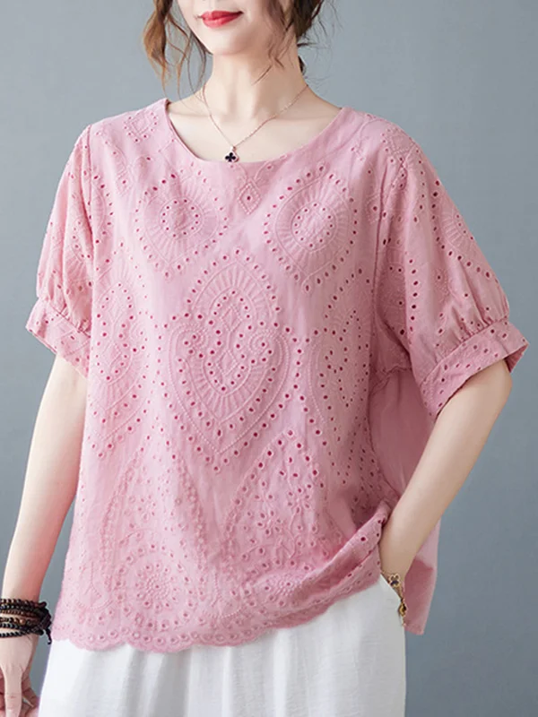 Half Sleeves Irregular Clipping Hollow Pure Color Round-Neck T-Shirts Tops