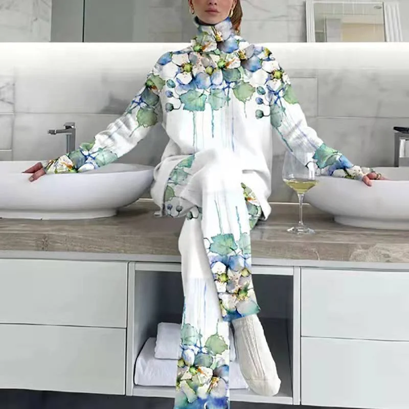 Femme Long Sleeve Top High Waist Pant Suit Elegant Women Turtleneck Print Casual Tracksuit 2022 Spring Autumn Loose Pant Suit