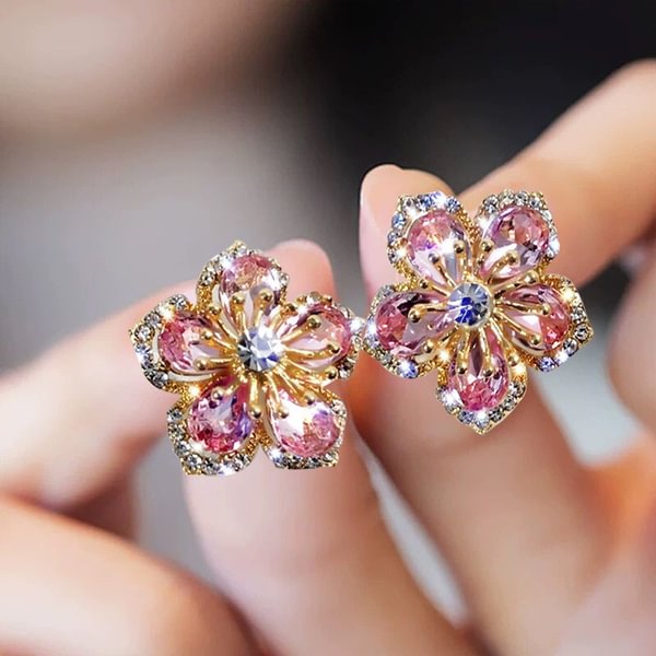 925 Sterling Silver Pink Petal Zircon Stud Earrings Flower Earrings Fashion Rose Zircon Hollow Full Diamond Earrings - Shop Trendy Women's Fashion | TeeYours