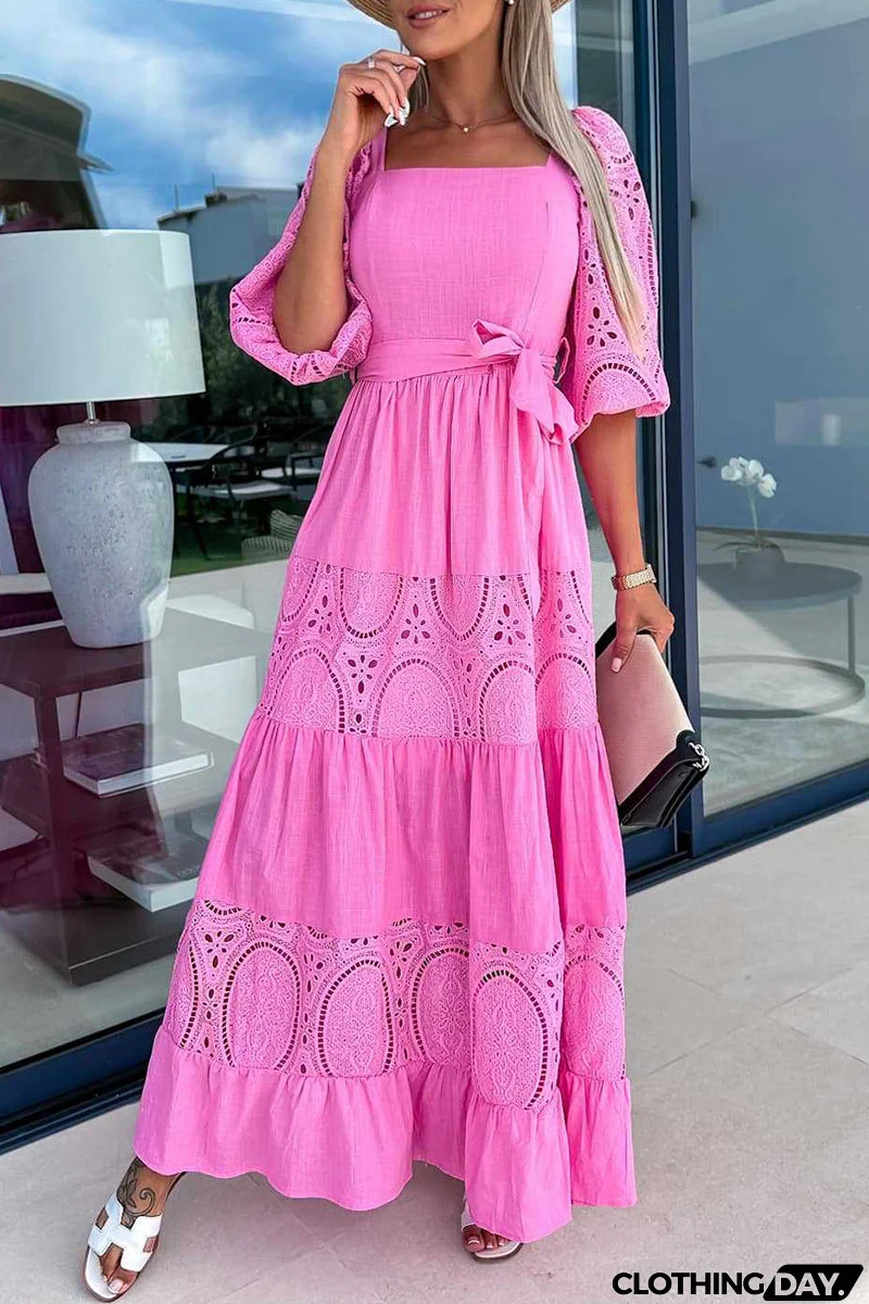 Elegant Solid Hollowed Out Frenulum Square Collar A Line Dresses