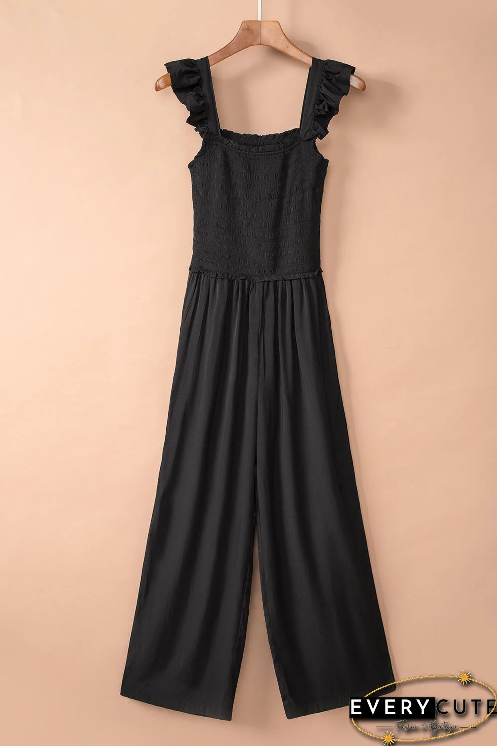 Smocked Pocketed Ruffled Sleeveless Wide Leg Jumpsuit