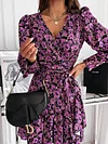 Floral-Print  Long Sleeved Falbala Mini Dress