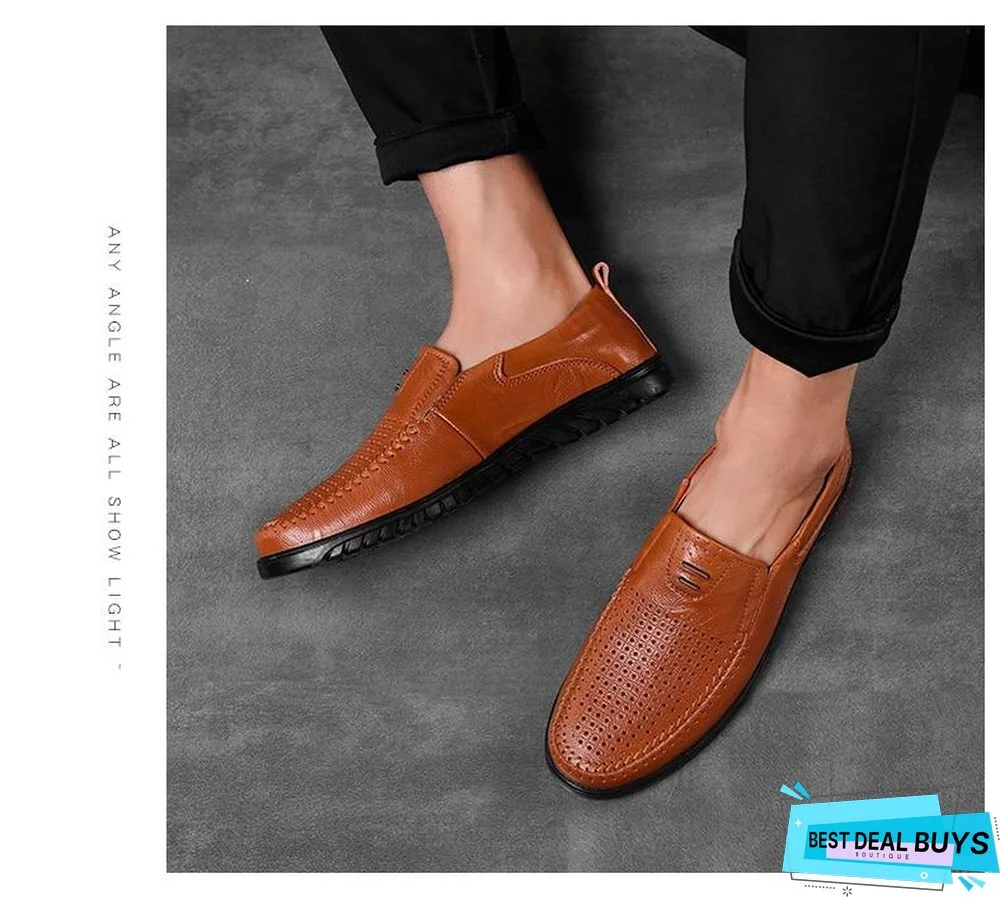 New Openwork Men Black Loafer Perforated Shoes Leather Flats Driving Shoes Business Men's Shoes