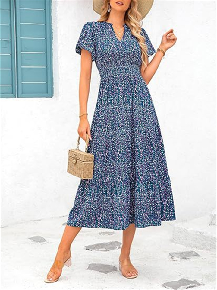 Women's V-neck Bubble Pleated Printed Dress Short-sleeved Floral A-line Skirt