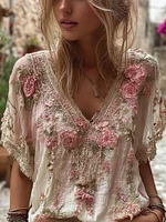 Women's Vintage Bohemia Pink Roses Embroidered Art V-neck Short Sleeve Linen Blend T-shirt