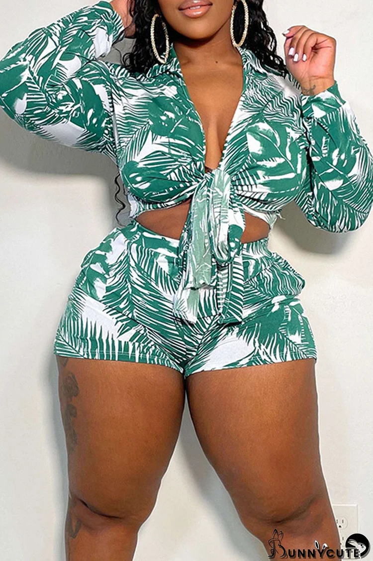 Green Casual Print Bandage Split Joint Turndown Collar Long Sleeve Two Pieces