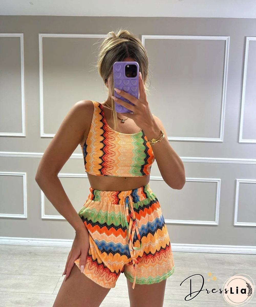 Summer Printing Casual Two Piece Shorts Set