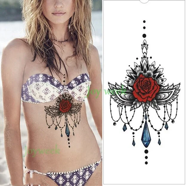Sdrawing Temporary Tattoo Sticker leaf flower plant black sketch Fake Tatoo Breast Chest Back Belly Flash Tatto For Women Girl