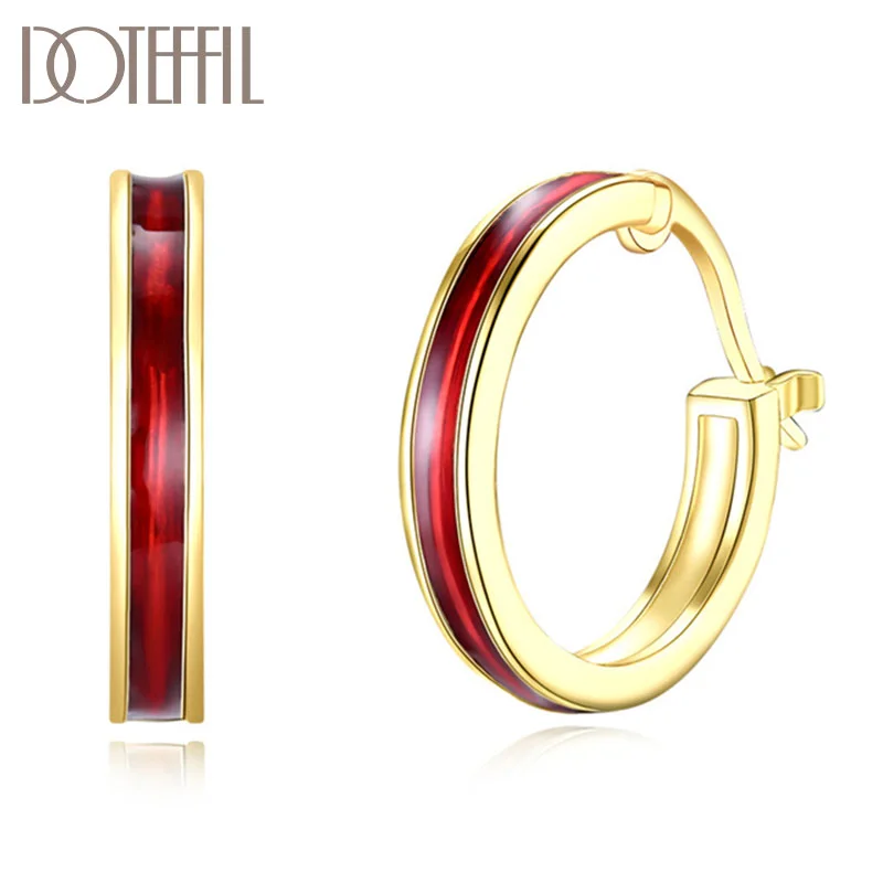 DOTEFFIL 925 Sterling Silver 18K Gold Red Circle Hoop Earrings For Women Jewelry