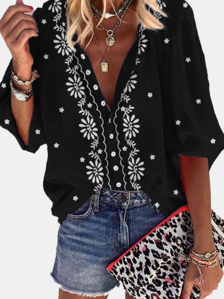 Calico Printed Long Sleeve V neck Casual Blouse For Women P1775226