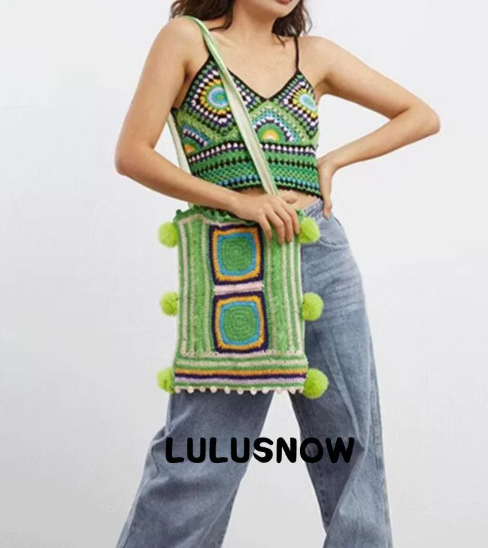Lulusnow Handmade White Green Amigurumi Granny Square（Lulusnow Handmade  Amigurumi Pattern（Front side / Back side） Crochet Crossbody Bag Shoulder Bag  Gift For Her/Chri）  Crochet Crossbody Bag Shoulder Bag  Gift For Her/Him/Christmas/St.Patrick's/Birthday