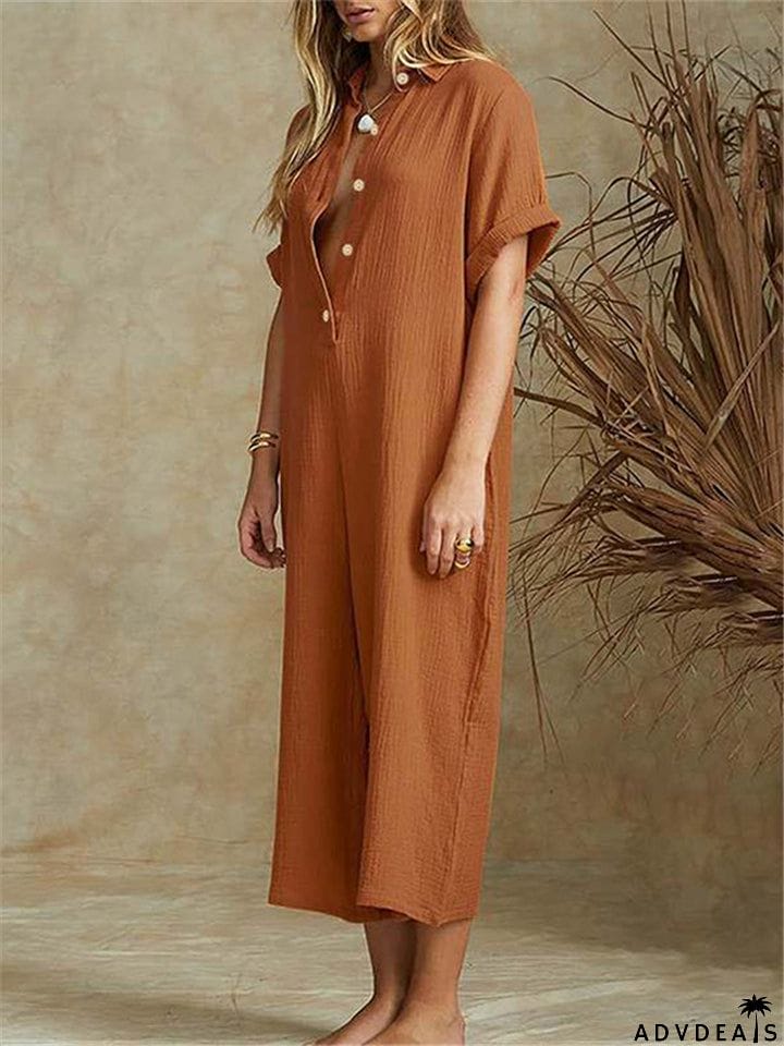 Straight Silhouette Spread Collar Soft Cotton Front Button Cropped Jumpsuit