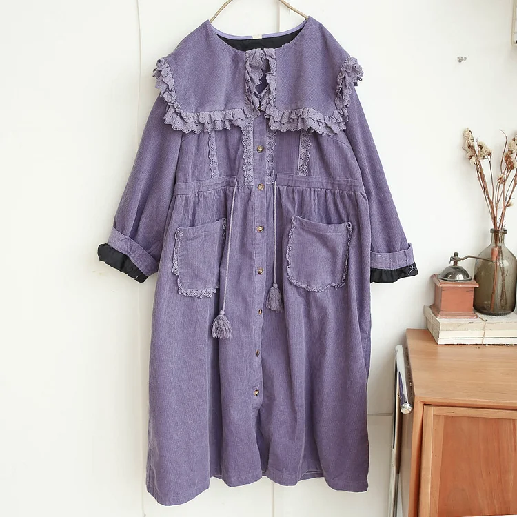 Queenfunky cottagecore style Cute Square Lace Collar Corduroy Coat/Dress QueenFunky