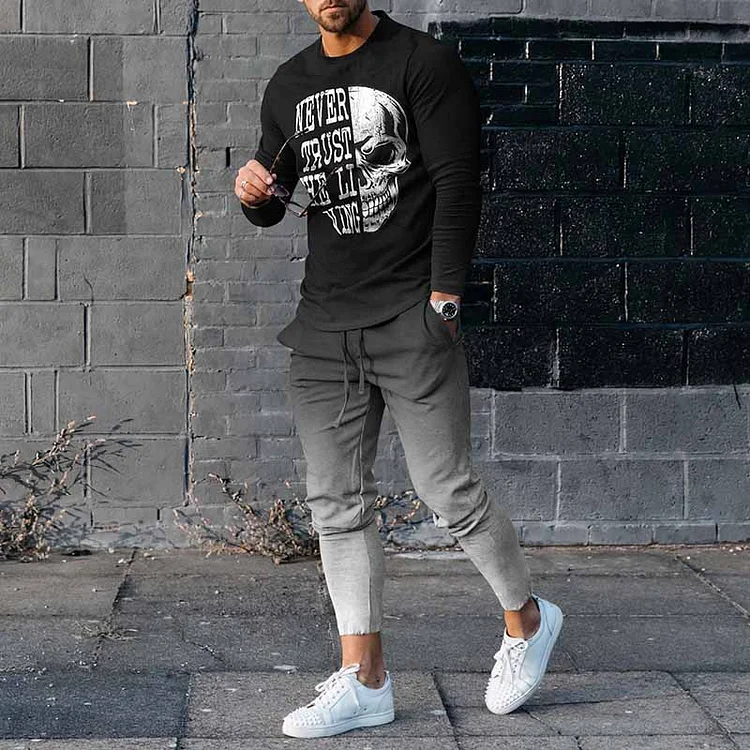 Fashion Men's Personality Skull Slogan Pattern Casual Long Sleeve T-Shirt And Pants Co-Ord