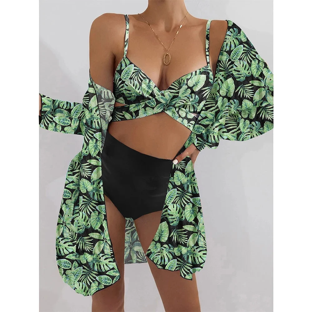 2022 Sexy Bikinis And Cover Set Women Swimsuit Printed Swimwear High Waist Summer Strappy Bathing Suit Beach Wear Biquini Female