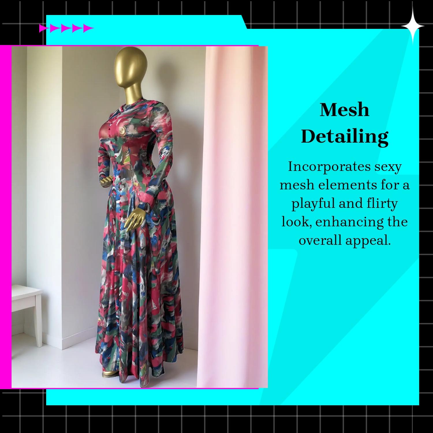 PULKRITU Women's O-Neck Long Sleeve Woven Maxi Dress, Tie-Dye Print, Romantic Valentine's Day Party Outfit Gown, Sexy Mesh Sheer Dress, Spring Sexy Club Street Evening Wear Lady Skirts