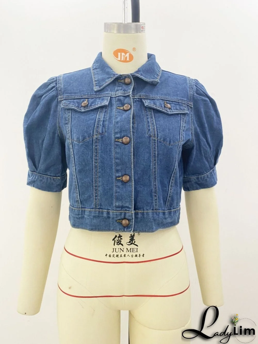 Fashion Button Up Short Sleeve Half Puff Sleeve Women Denim Jacket