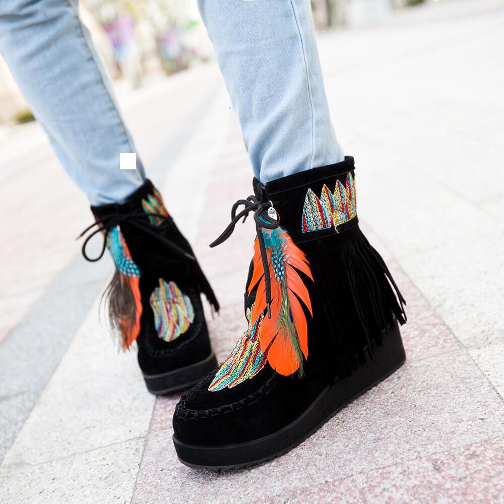 VCSHOES Wedge Suede Embroidery Embellished Ankle Boots