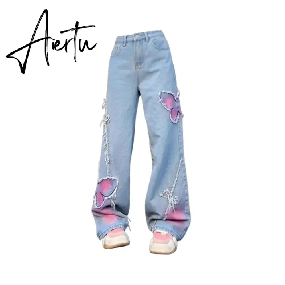 Women's Blue Butterfly Jeans Baggy Vintage Y2k Denim Trousers 2000s Harajuku Wide Leg Cowboy Pants Trashy 90s Aesthetic Clothes Aiertu