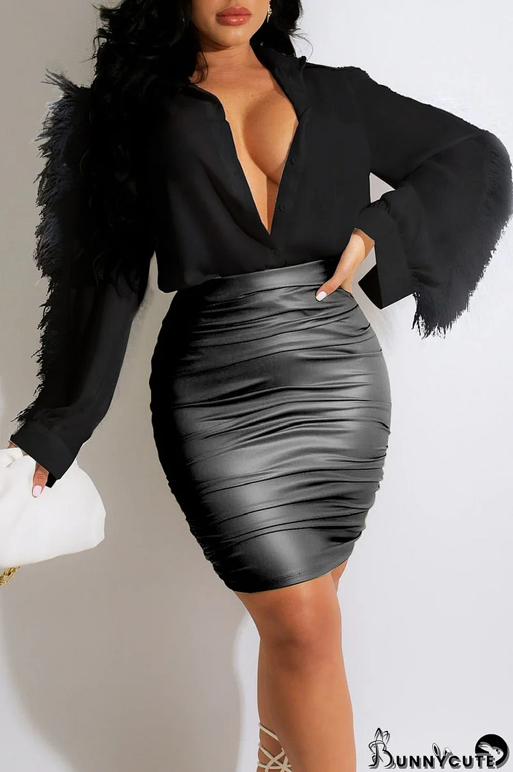 Black Fashion Casual Solid Patchwork Buckle Feathers Turndown Collar Tops