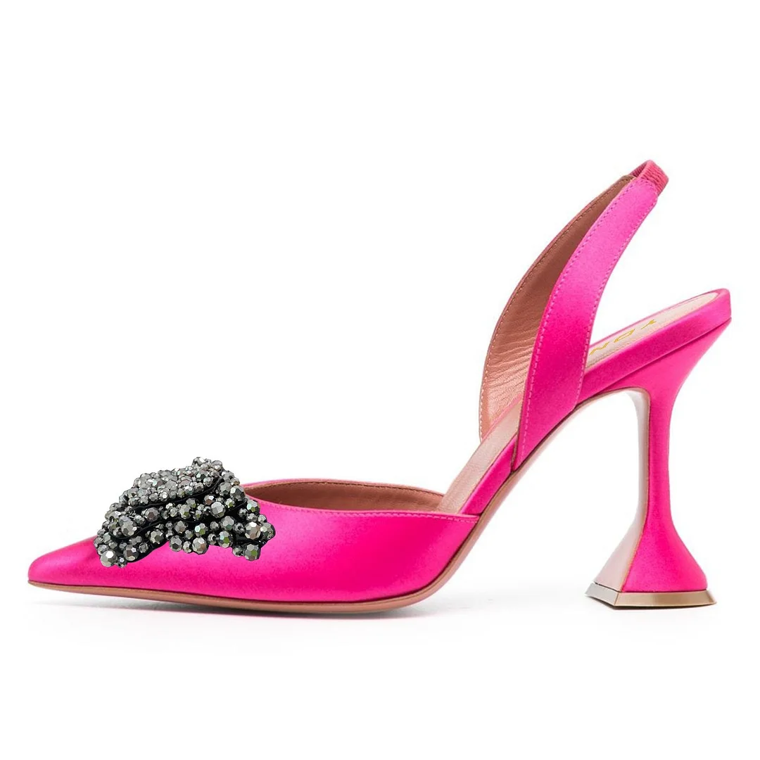 Fuchsia Satin Rhinestone Butterfly Pointed Toe Pumps Heels for Women