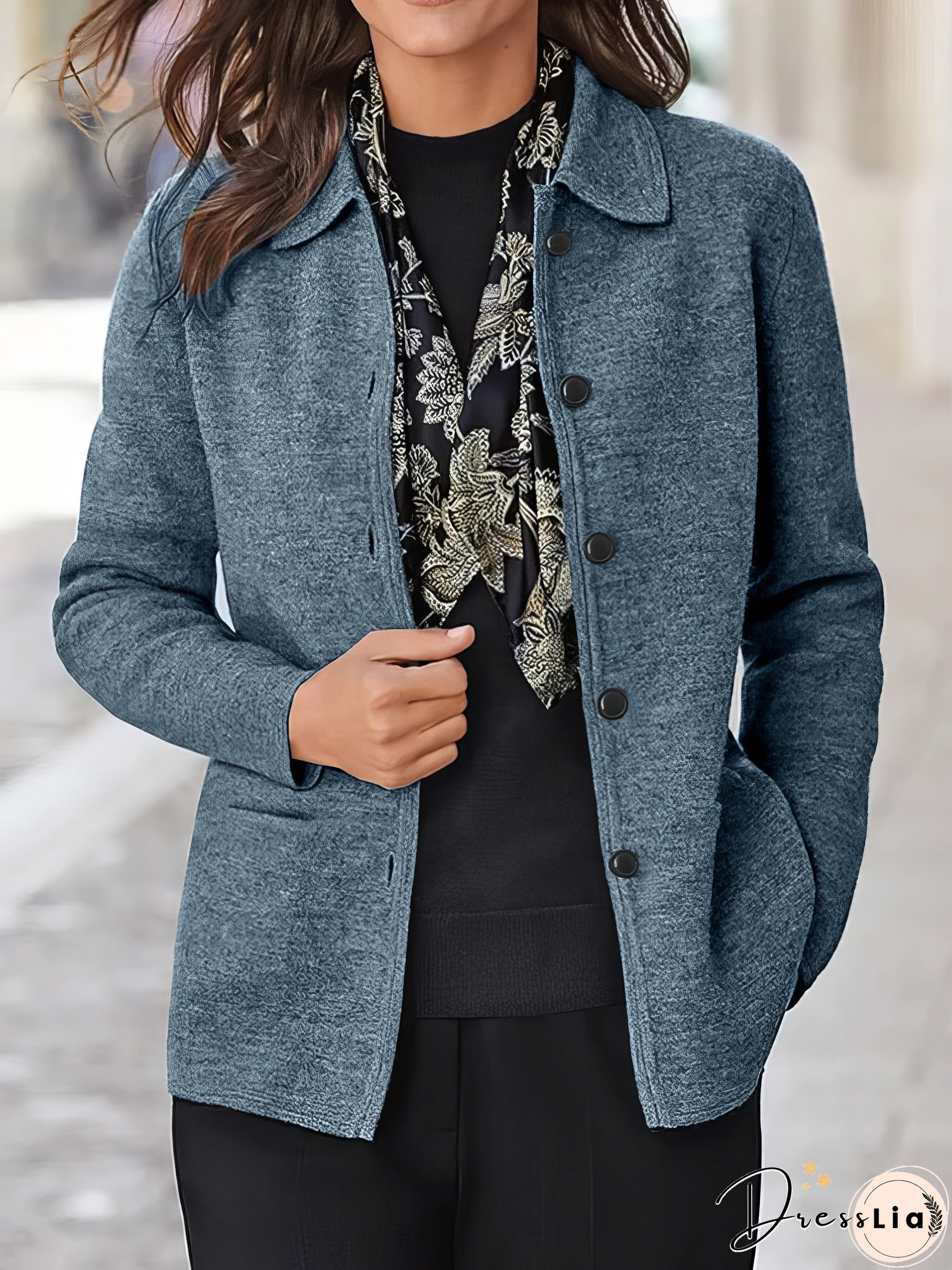 Solid Button Pocket Lapel Long Sleeve Jacket