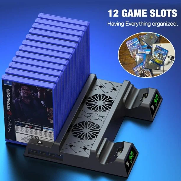 DinoFire PS4 Stand Cooling Station, Dual Controller Charging Station with 12 Game Slots, PS4 Vertical Stand Cooling Fan(Black)
