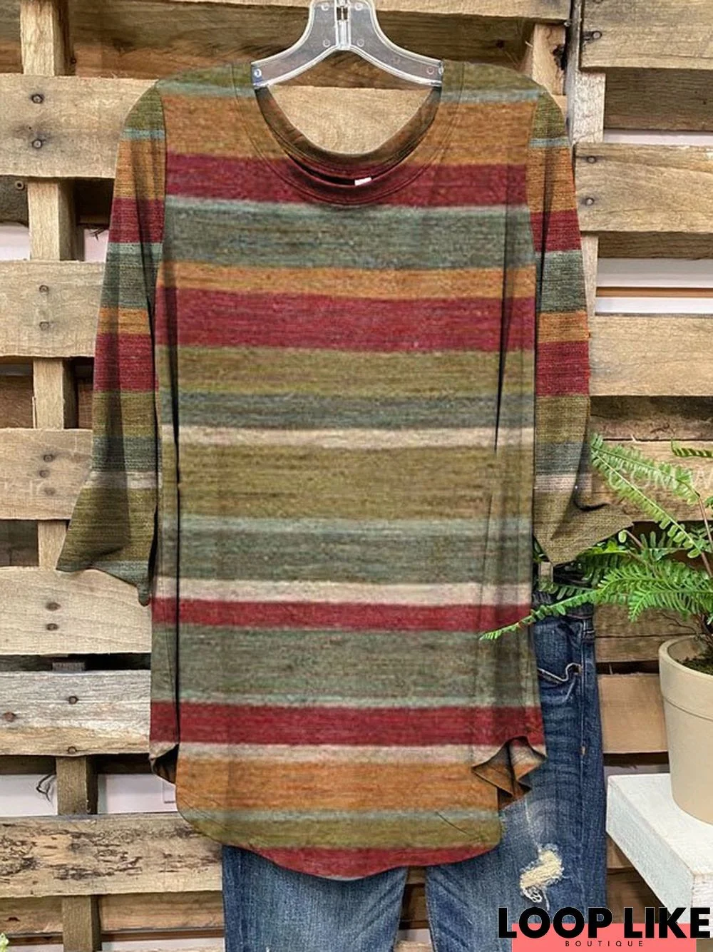 Printed Stripes Cotton Long Sleeve Tunic T-Shirt