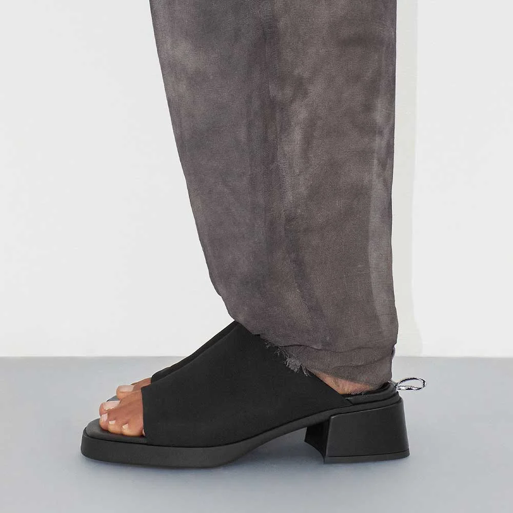 Black Lycra Open Toe Chunky Heel Platform Slip On Mule Shoes for Women