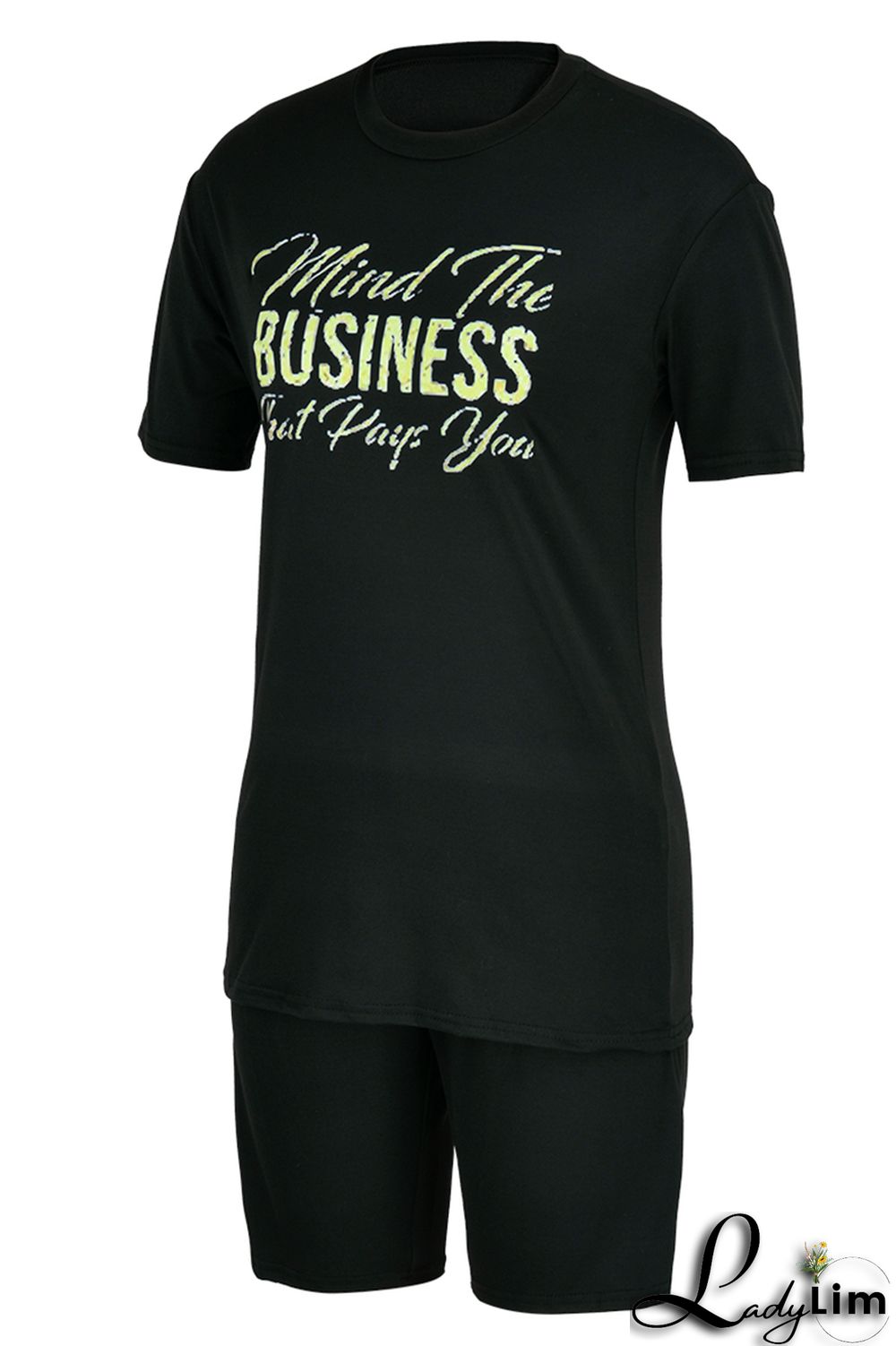 Black Fashion Casual Letter Print Basic O Neck Short Sleeve Two Pieces