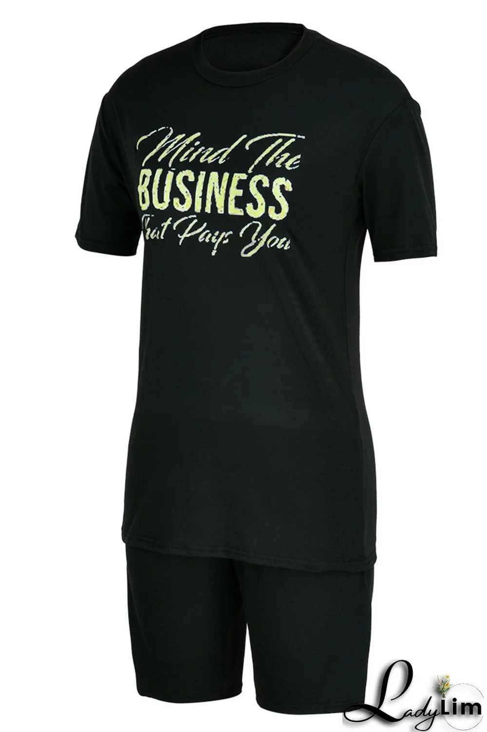 Black Fashion Casual Letter Print Basic O Neck Short Sleeve Two Pieces