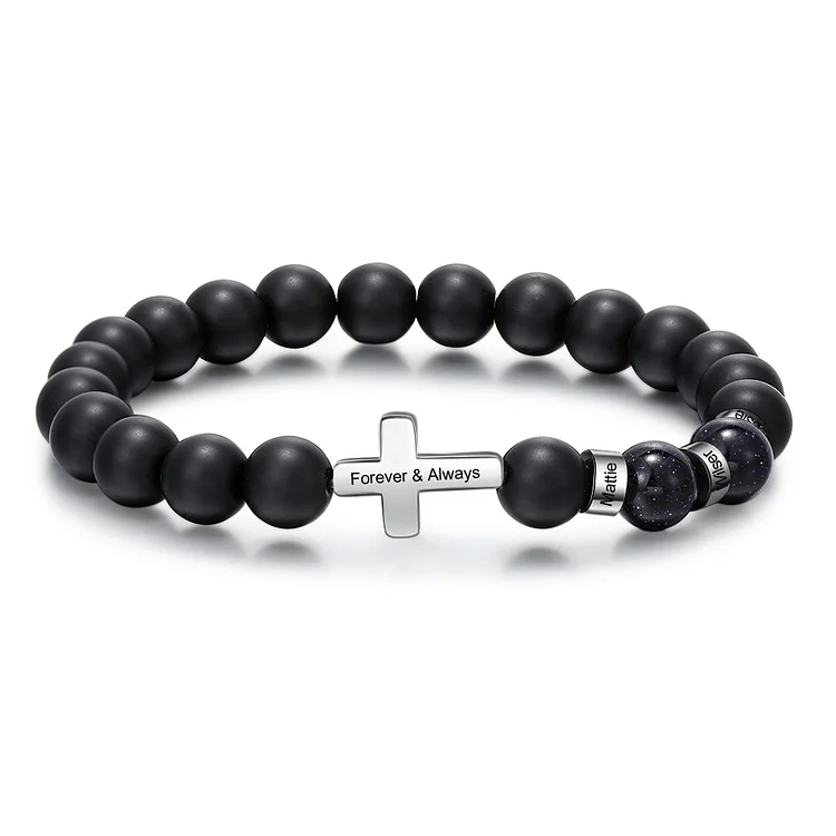 Pulsera cruz 3 Nombres personalizados con 1 texto Cuentas negras Pulsera hombre