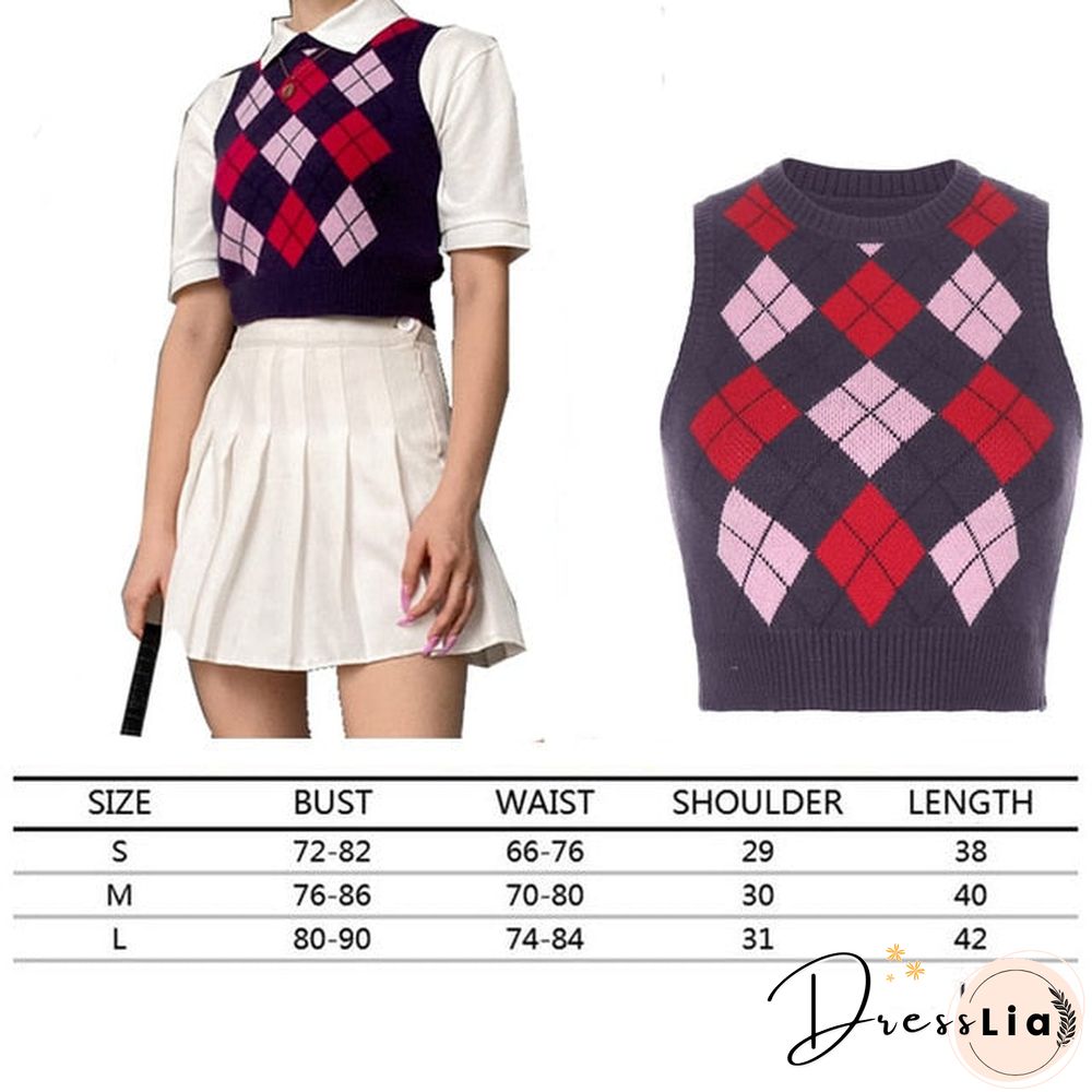 V Neck Vintage Argyle Sweater Vest Women Black Sleeveless Plaid Knitted Crop Sweaters Casual Autumn Preppy Style tops