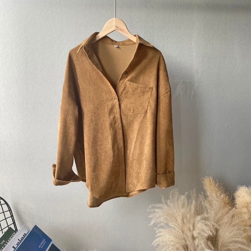 Lizkova Corduroy Green Blouse Women 2021 Vintage Long Sleeve Shirt Spring harajuru Blusas Mujer Tops 8867