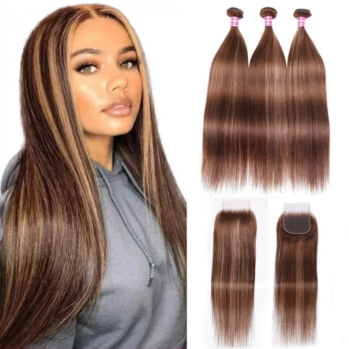 Straight Honey Blonde Brown Bundles with Closure Ombre Highlight Human Hair