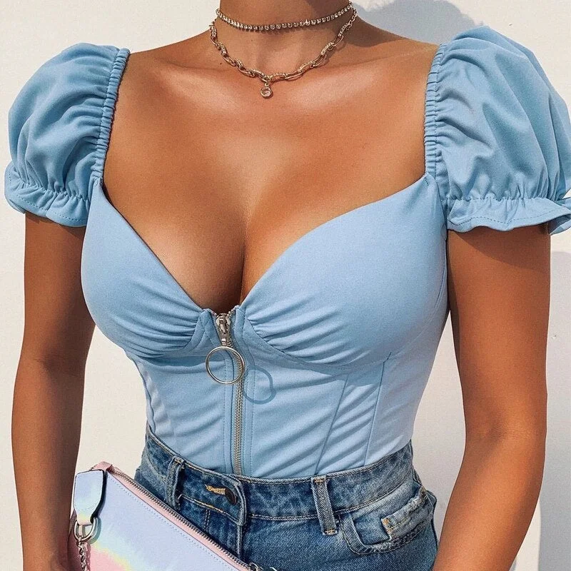 Frill Puff Sleeves Low Cut T-shirt Women Tops Summer Sexy V-neck Zipper Front Skinny Crop Tops Off Shoulder Bodycon Tees