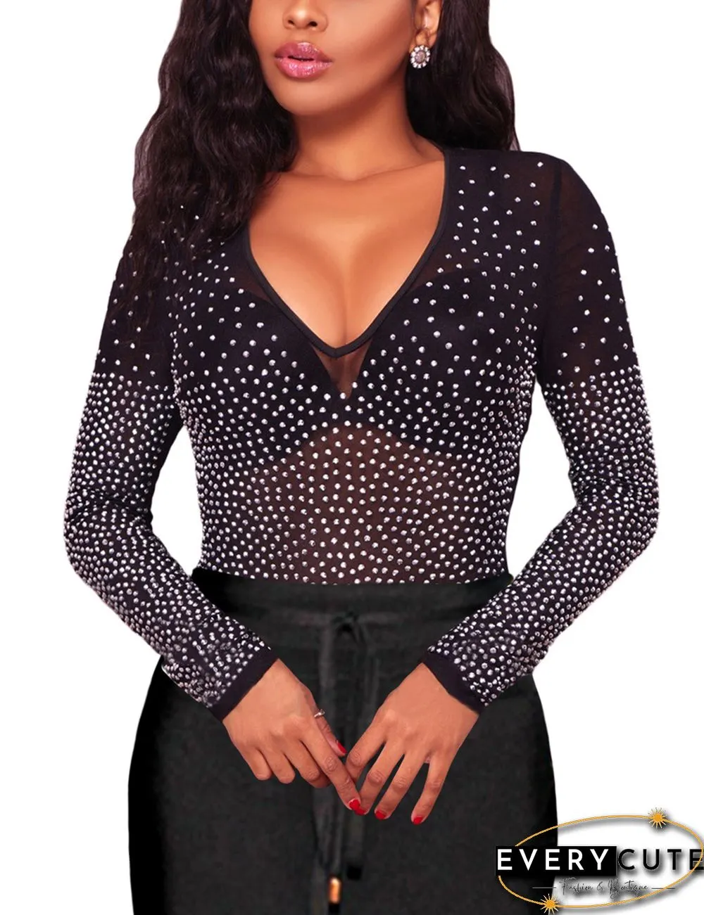 Black Sheer Mesh Rhinestone V Neck Long Sleeve Tops
